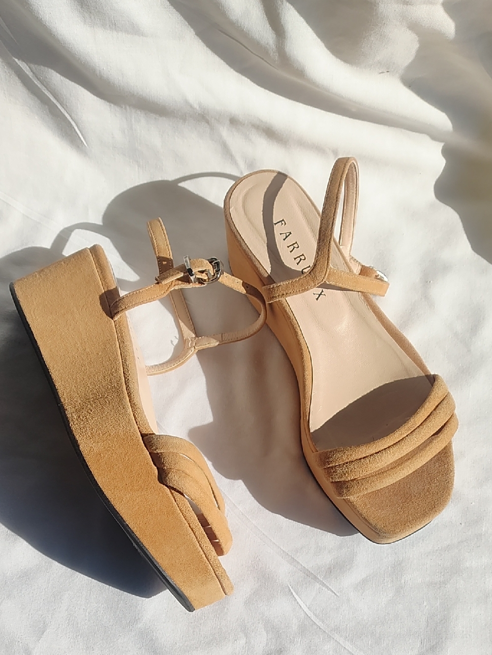 Farrutx Tan Suede Platform Sandals with Ankle Strap